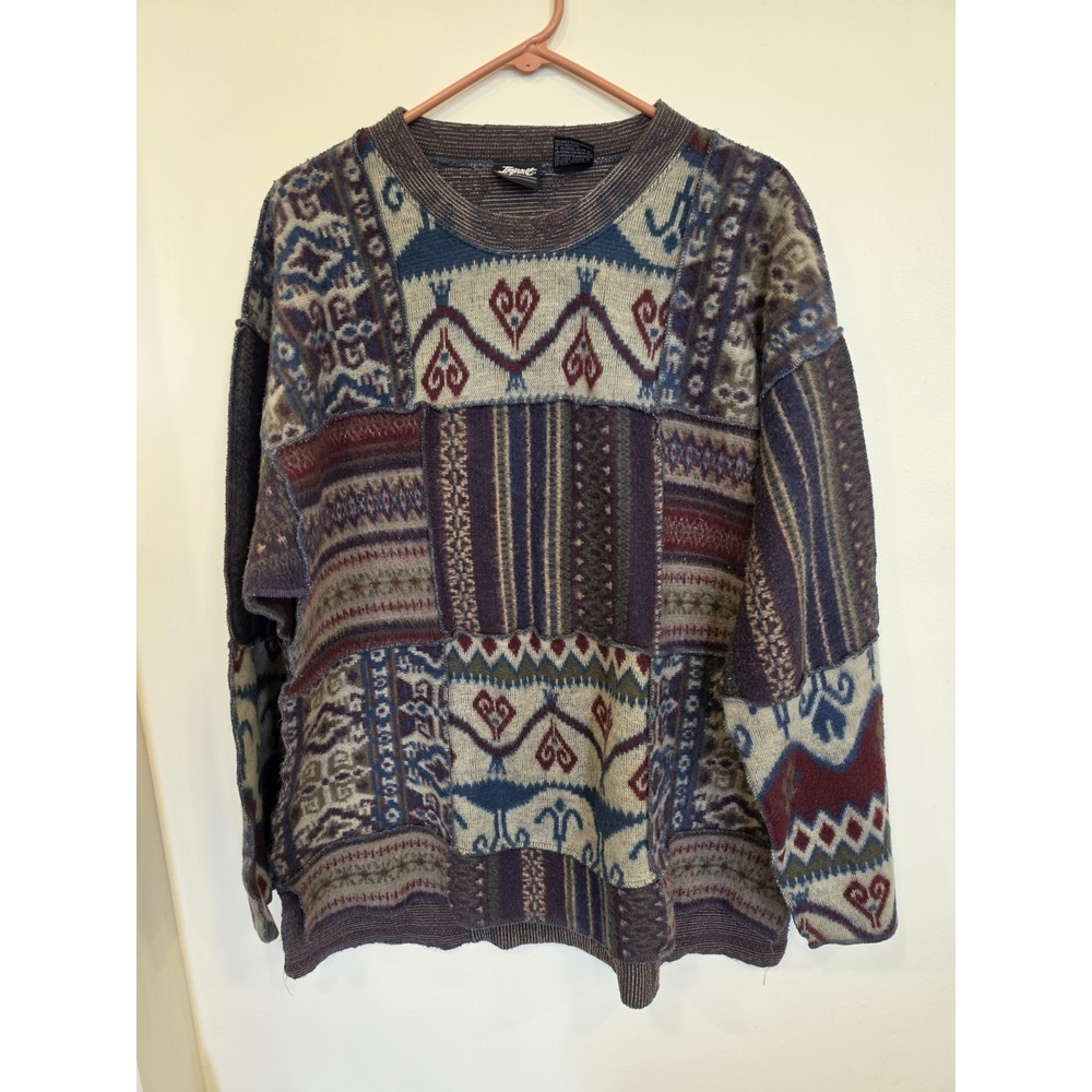 Vintage Men's Large Patchwork Sweater Oversized Grunge Grandpa Indie Folk